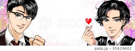 黒髪イケメンメガネ男性アイドルたちがハートで愛してるのサインを送るカラー漫画イラスト 黒髪イケメンメガネ男性アイドルたちがハートで愛してるのサインを送るカラー漫画イラスト 95629602