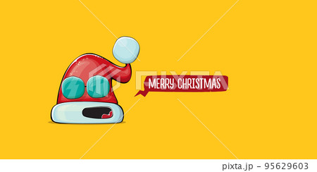 Vector cartoon Santa Claus red hat with smile face isolated on orange horizontal bannner background. Merry Christmas greeting banner with funny monster Santa Claus hat. Santa hat 95629603