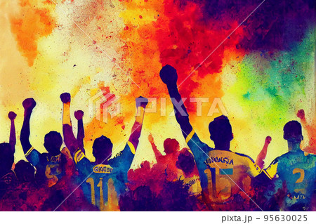 Soccer fans. Football hooligans. Football fans celebrating team victory. Soccer hooligans cheering during the game Soccer fans. Football hooligans. Football fans celebrating team victory. Soccer hooligans cheering during the game 95630025