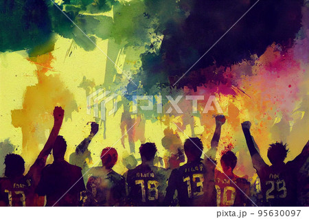 Soccer fans. Football hooligans. Football fans celebrating team victory. Soccer hooligans cheering during the game Soccer fans. Football hooligans. Football fans celebrating team victory. Soccer hooligans cheering during the game 95630097