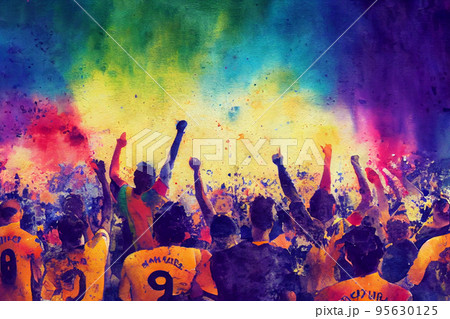 Soccer fans. Football hooligans. Football fans celebrating team victory. Soccer hooligans cheering during the game 95630125