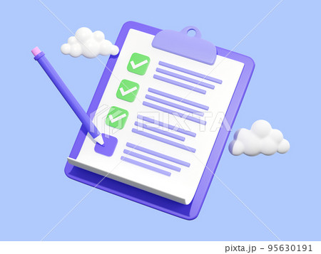 Survey checklist, 3d render illustration, blue background. Clipboard with checked tasks. Concept of online survey, exam note, business contract, research form, evaluation document 95630191