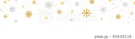 Gold, silver glitter snowflakes frame. Christmas golden celebration banner. Happy New Year card. Luxury winter ornament. Snow fall. Holiday background. Season greeting design. Vector illustration 95630216