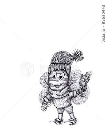 Sketch with graphite pencil. Cartoon bee in a knitted hat and sweater 95630443