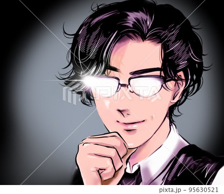 怪しみ目を光らせ不気味にほくそ笑むネクタイ姿の黒髪パーマメガネ執事 怪しみ目を光らせ不気味にほくそ笑むネクタイ姿の黒髪パーマメガネ執事 95630521