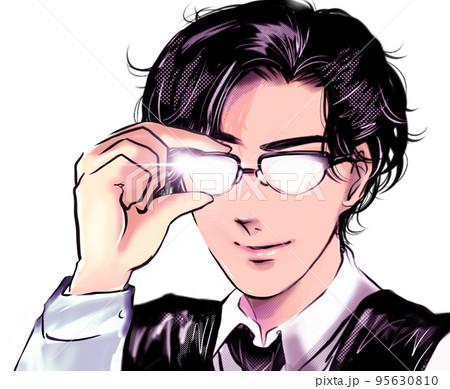 怪しみ目を光らせ不気味にほくそ笑むネクタイ姿の黒髪パーマメガネ執事 95630810