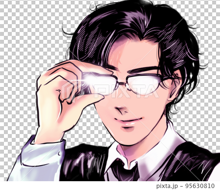 怪しみ目を光らせ不気味にほくそ笑むネクタイ姿の黒髪パーマメガネ執事 95630810