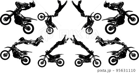 A set of black and white vector images of motorcyclists performing extreme stunts in the discipline of motofreestyle 95631110