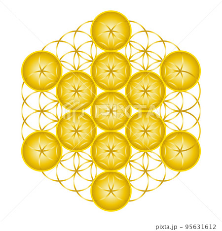 神聖幾何学フラワーオブライフの上に描かれたフルーツオブライフ、金運