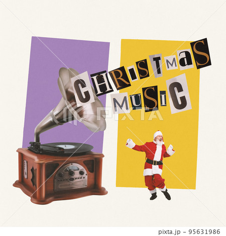 Contemporary art collage. Cheerful senior man in image of Santa Claus dancing near vintage gramophone. Christmas music Contemporary art collage. Cheerful senior man in image of Santa Claus dancing near vintage gramophone. Christmas music 95631986