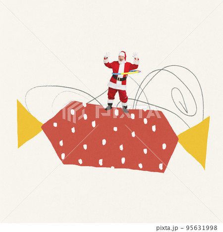 Contemporary art collage. Senior man, Santa Claus spinning hoop and sanding on giant candy. Holiday sweets Contemporary art collage. Senior man, Santa Claus spinning hoop and sanding on giant candy. Holiday sweets 95631998