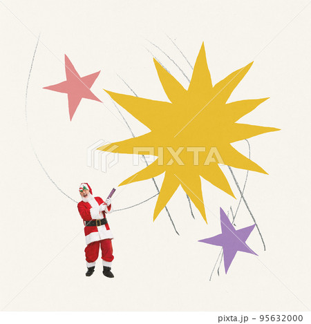 Contemporary art collage. Creative design. Senior man. Santa Claus with holiday cracker making holiday spirit. Celebration 95632000