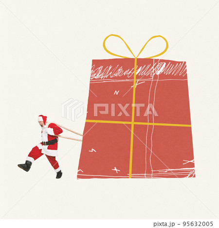 Contemporary art collage. Senior man in image of Santa Claus carrying giant present box. Holiday surprises 95632005