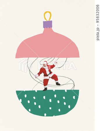 Contemporary art collage. Senior man in image of Santa Claus dancing inside christmas tree decoration 95632006
