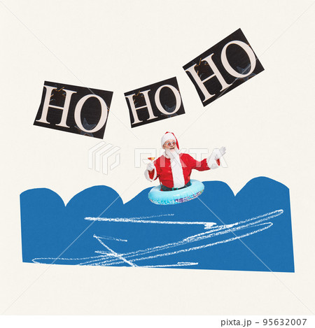 Contemporary art collage. Cheerful senior man in image of Santa Claus swimming in sea in swimming circle with cocktail 95632007