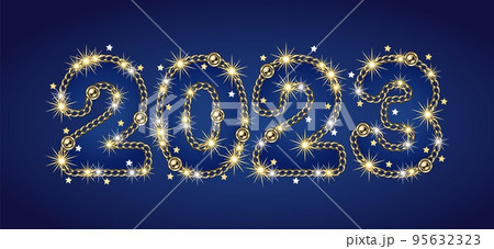 Numbers 2023 made of gold jewelry chains, sparkles Numbers 2023 made of gold jewelry chains, sparkles 95632323