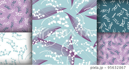 Floral Pattern Set. Seamless Lily of the Valley Fabric Design. Vintage Flower Ornament. Floral Pattern Set. Romantic Leaves Decoration. Bud of Convallaria Majalis. Spring Floral Pattern. 95632867