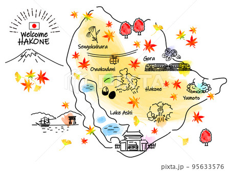 秋の箱根の観光地のシンプル線画イラストマップ 95633576