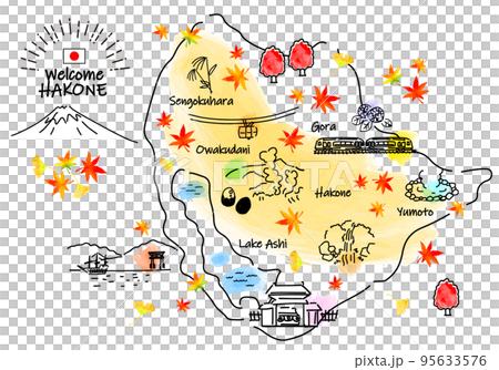 秋の箱根の観光地のシンプル線画イラストマップ 95633576