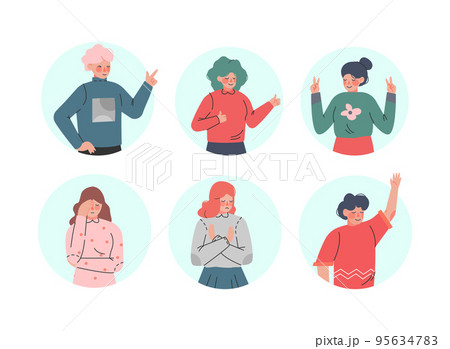 Young Man and Woman Making Positive and Negative Hand Gestures in Circular Frames Vector Illustration Set Young Man and Woman Making Positive and Negative Hand Gestures in Circular Frames Vector Illustration Set 95634783