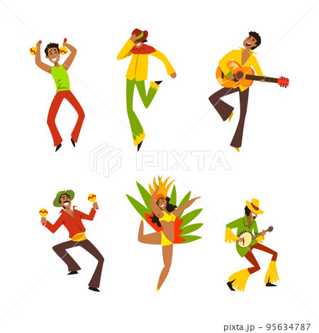 Brazilian Samba Woman Dancer in Bright Feathered Costume and Man Musician Vector Set Brazilian Samba Woman Dancer in Bright Feathered Costume and Man Musician Vector Set 95634787