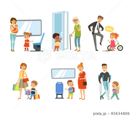 Polite Boy and Girl Yielding Seat to Woman, Opening Door, Saying Sorry and Carrying Shopping Bags Vector Illustration Set Polite Boy and Girl Yielding Seat to Woman, Opening Door, Saying Sorry and Carrying Shopping Bags Vector Illustration Set 95634806