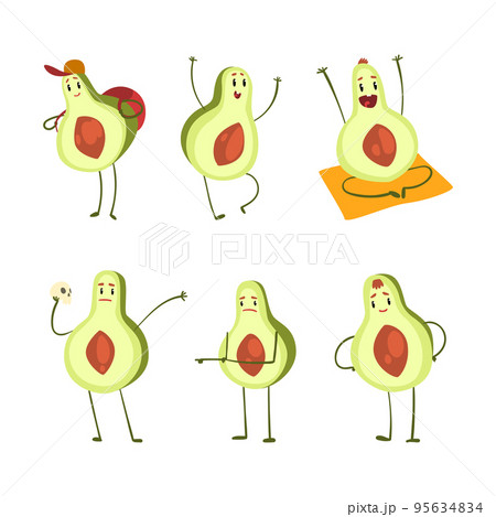 Cute Avocado Character with Different Emotion and Activity Vector Set 95634834