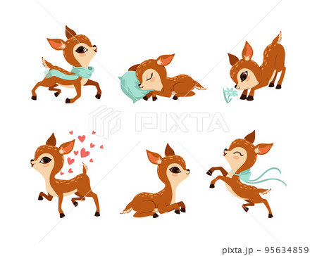 Cute Brown Fawn or Baby Deer Sleeping on Pillow, Wearing Scarf, Jumping and Smelling Flower Vector Set 95634859