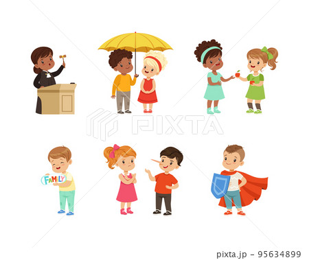 Kind and Fair Little Girl and Boy Character Sharing Apple and Umbrella, Wearing Shield and Cape Protecting Weak Vector Illustration Set Kind and Fair Little Girl and Boy Character Sharing Apple and Umbrella, Wearing Shield and Cape Protecting Weak Vector Illustration Set 95634899