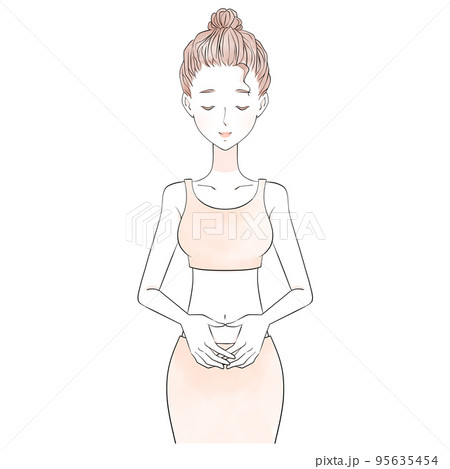 おなかに手をあてる女性のイラスト（黒い線） 95635454