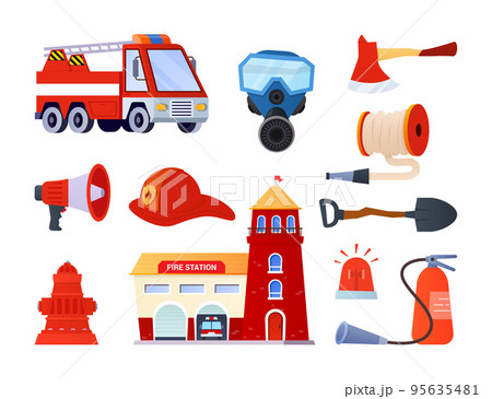 Firefighter kit to put out a fire - flat design style objects set Firefighter kit to put out a fire - flat design style objects set 95635481