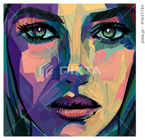 Original abstract art contemporary digital portrait of a woman face 95635784