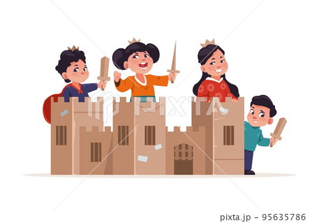 Cardboard box castle. Cartoon children knights playing with handmade toys, cute characters build together carton fortress. Vector illustration 95635786