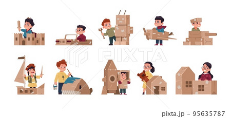 Kids playing boxes. Children building handmade cardboard toys, cute boys girls cartoon characters hobbies, happy joyful childhood. Vector isolated set 95635787
