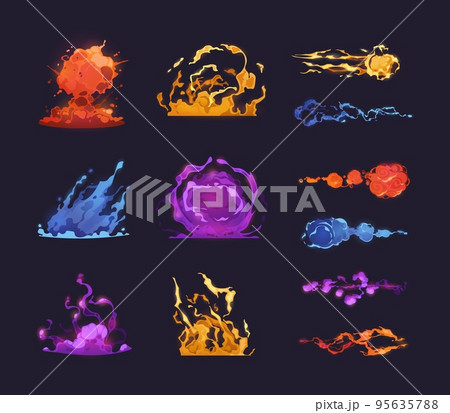 Power blast and explosion. Cartoon colorful game laser beam and plasma rays effect asset, magic spell and lightning strike sprite graphic. Vector isolated set Power blast and explosion. Cartoon colorful game laser beam and plasma rays effect asset, magic spell and lightning strike sprite graphic. Vector isolated set 95635788