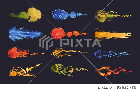 Cartoon shot effect. Laser gun blast colorful game asset, futuristic destructive radiation rays and light beams. Vector sci-fi weapon plasma attack and magic spell cast set 95635789