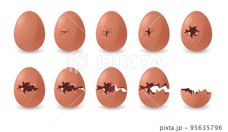 Cracked eggs animation. Cartoon broken damaged chicken eggshell halfs, organic food flat elements with steps for GUI design. Vector isolated collection 95635796