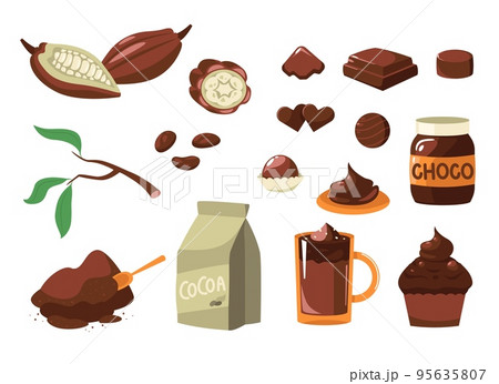 Cartoon cocoa. Brown beans for cacao milk dark chocolate drink candy, sweet product for dessert beverage cosmetics. Vector isolated set 95635807