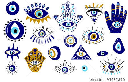 Turkish eye collection. Abstract cartoon blue evil eye Hamsa magic icons, fantasy esoteric talisman protection. Vector contemporary set Turkish eye collection. Abstract cartoon blue evil eye Hamsa magic icons, fantasy esoteric talisman protection. Vector contemporary set 95635840