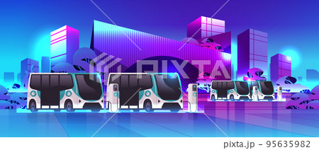 electric buses charging battery vehicles at recharging power station charger EV management sustainable transport concept electric buses charging battery vehicles at recharging power station charger EV management sustainable transport concept 95635982
