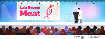 scientist giving speech at tribune cultured red raw meat made from animal cells artificial lab grown meat production scientist giving speech at tribune cultured red raw meat made from animal cells artificial lab grown meat production 95636049