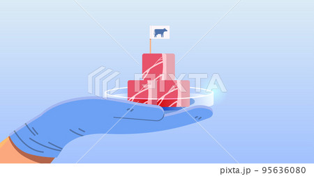 scientist hand holding cultured red raw meat made from animal cells artificial lab grown meat production concept 95636080