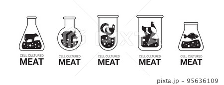 set cultured meat in test tubes made from different animals cells artificial lab grown meat production concept horizontal 95636109