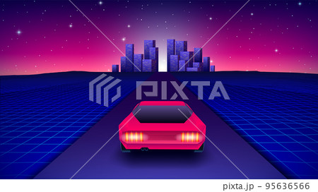 Neon car in 80s synthwave style racing to the city. Retrowave auto illustration with shiny neon car on the grid landscape road in 90s arcade game style. 95636566