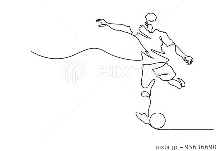 continuous line drawing of soccer footbal player shooting ball 95636690