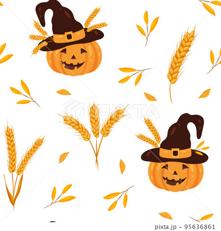 Seamless Halloween pumpkin pattern in witch hat, wheat and yellow leaves 95636861