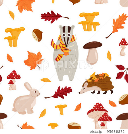 Seamless pattern with forest animals, badgers, hares and hedgehogs 95636872