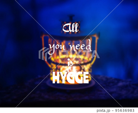 Decorative Christmas lantern with burning candle hanging on snow-covered fir- tree branch in a winter park. New year festive card, poster, postcard design. 95636983