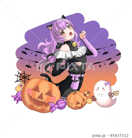 【背景あり】黒猫のコスプレをした紫担当巻き髪の女の子 95637312