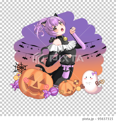 [With background] Purple ponytail girl who cosplayed as a black cat 95637315